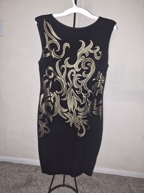 Cache Black Midi Dress with Gold Foil Swirl Design